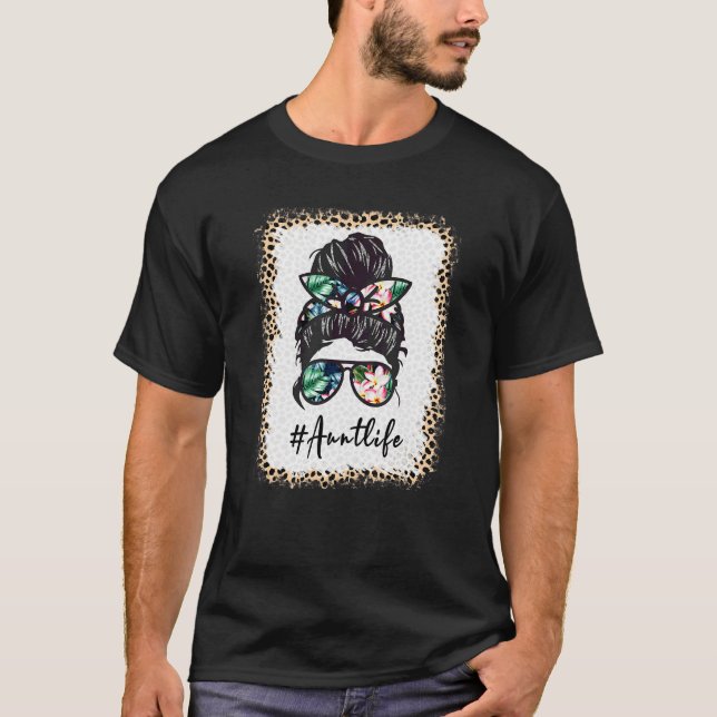 Camiseta Tia Life Bleached Auntlife Leopard Messy Bun Moth (Frente)