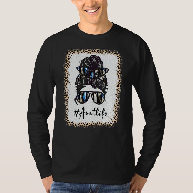 Camiseta Tia Life Bleached Auntlife Leopard Messy Bun Moth (Frente)