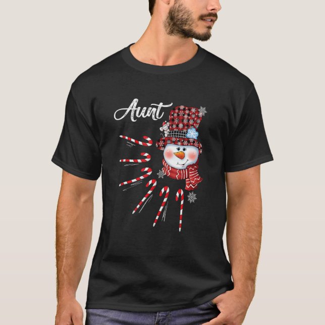 Camiseta Tia Snowman Candy Cane Xadrez Vermelha de Natal (Frente)