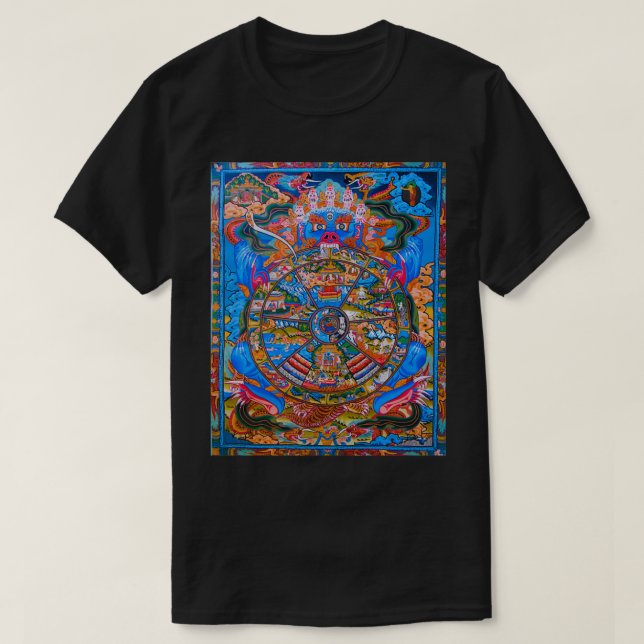 Camiseta Tibetano Thangka Samsara Mandala Roda Budista de  (Frente do Design)