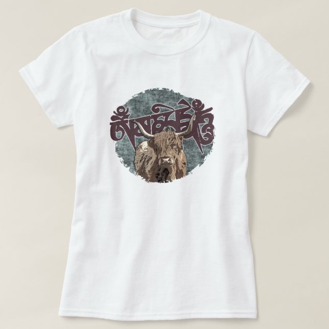 Camiseta Tibetano Yak com Mani Mantra (OM MANI PADME HUM) (Frente do Design)