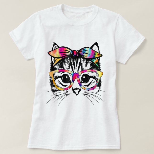 Camiseta Tie-Dye Cat Face with Glasses Design (Frente do Design)