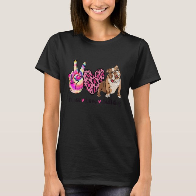 Camiseta Tie Dye Peace Love Leopard Print English Bulldog D (Frente)