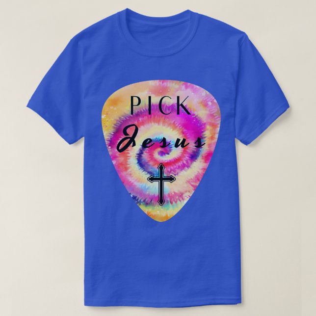 Camiseta Tie Dye Pick Jesus Guitar Pick Pun Culto Música L (Frente do Design)