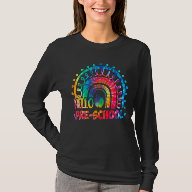 Camiseta Tie Dye Rainbow Hello Pre K Teacher Preschocolin B (Frente)
