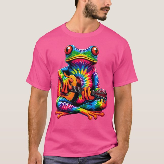 Camiseta Tie-Dye Sapo Tocando Sinal de Paz de Violão Hippie (Frente)