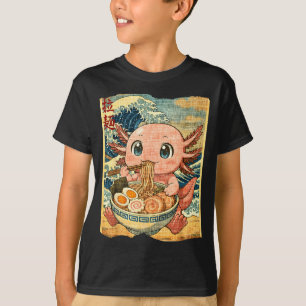 Camiseta Tigela de Macarrão Ramen Axolote Kawaii Engraçado 