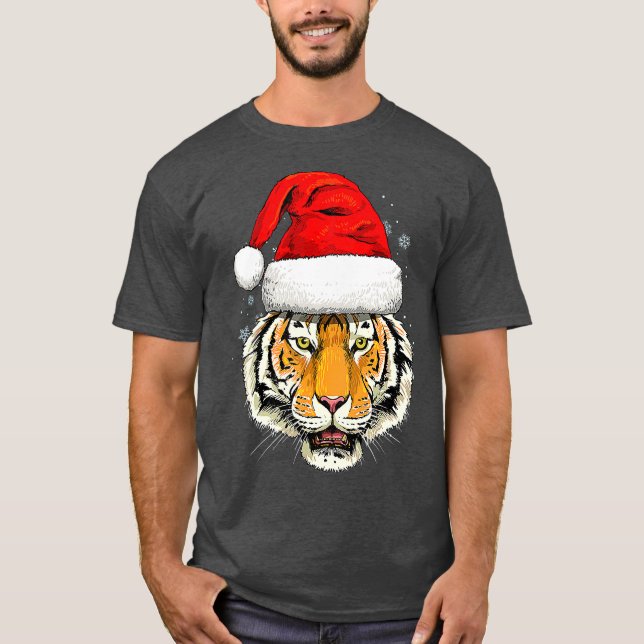 Camiseta Tiger Christmas Santa Hat Xmas dá presentes para g (Frente)