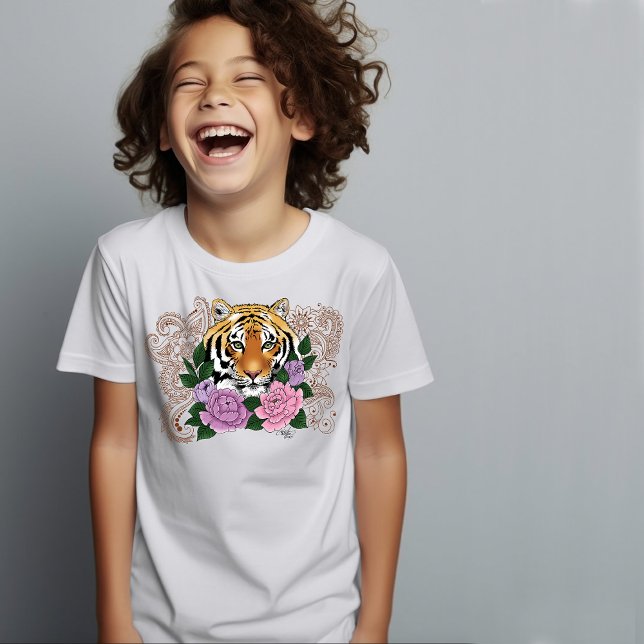 Camiseta Tiger Henna Flores Púrpuras Rosa (Criador carregado)