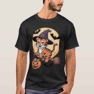 Camiseta Tiger Witch Hat Pumpkin Halloween Homens Mulher