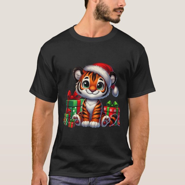 Camiseta Tiger Xmas Lighting Santa Hat Tiger Natal (Frente)
