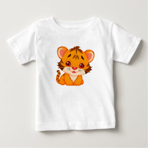 Camiseta Tigre Bebê de Desenho Adorável Sentado com Olhos G
