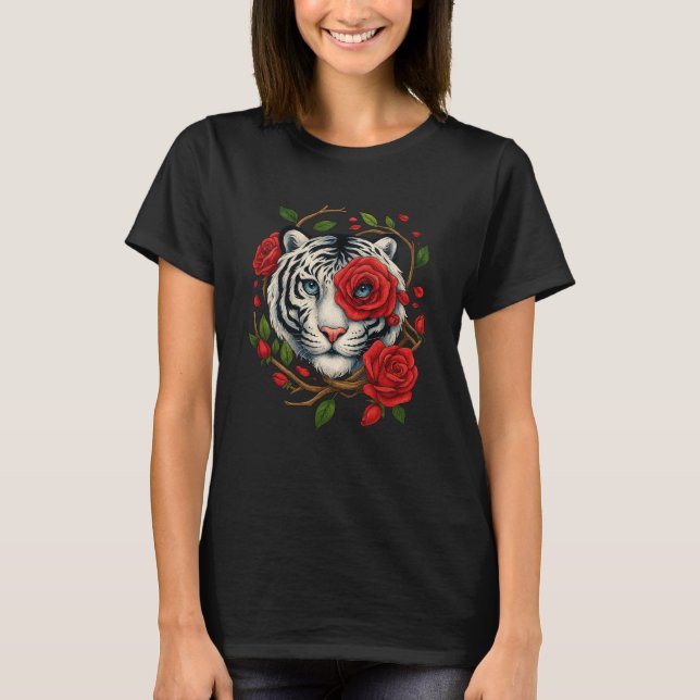Camiseta Tigre branco com Rosas vermelhas - Floral de vida  (Frente)