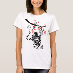 Camiseta Tigre chinês de ano novo com árvore de flores