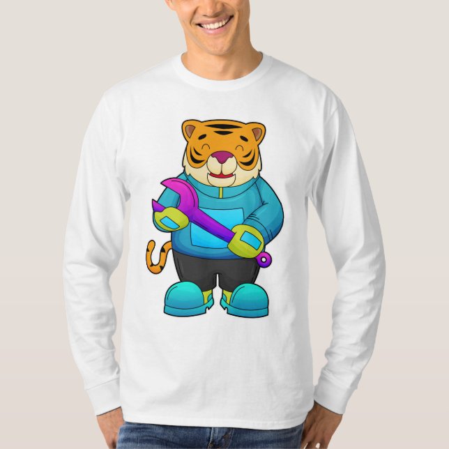 Camiseta Tigre como mecânico com chave inglesa (Frente)