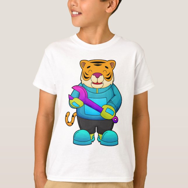 Camiseta Tigre como mecânico com chave inglesa (Frente)