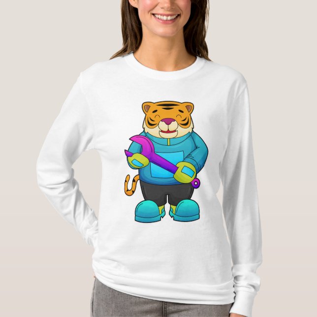 Camiseta Tigre como mecânico com chave inglesa (Frente)