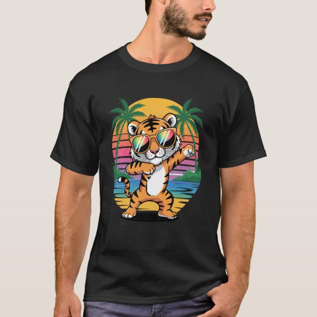 Camiseta Tigre Dabbing com Óculos de Sol Dançando Animação  (Frente)