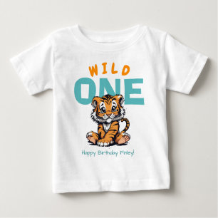 Camiseta Tigre e nome primeiro aniversario de um bebê selva