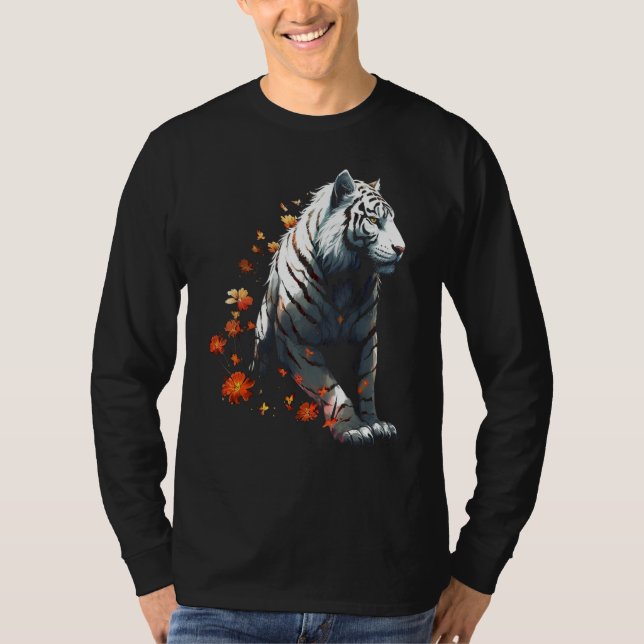 Camiseta Tigre em branco - Trabalho de arte de flores - Tig (Frente)