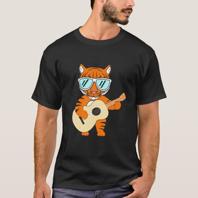 Camiseta Tigre Engraçado Guitarista-Guitarista Tigre Vintag (Frente)