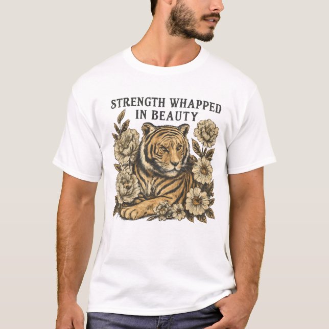 Camiseta Tigre Floral - Design de Força e Beleza (Frente)
