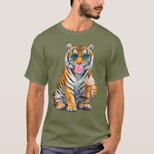 Camiseta Tigre Fofo com Café Gelado e Óculos de Sol de Cora