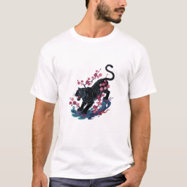 Camiseta Tigre Japonês Preto & Flores de Cerejeira