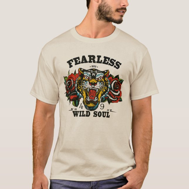 Camiseta Tigre tattoo old school fleur fearless wild soul (Frente)