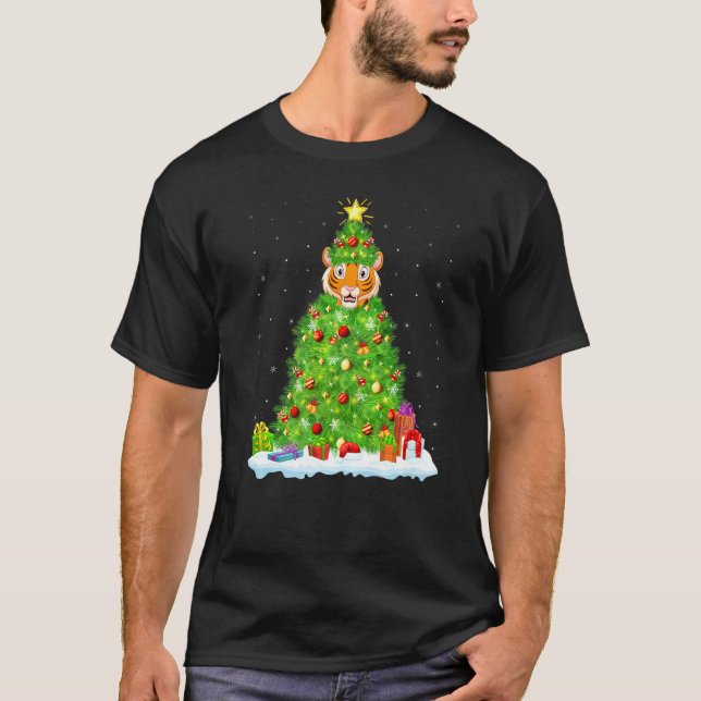 Camiseta Tigre Xmas Lighting Tree Engraçado Tigre Natal (Frente)