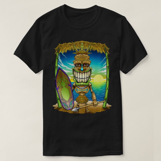 Camiseta Tiki Head Surfer Surfboard Beach Hawaii Hut Tribal (Frente do Design)
