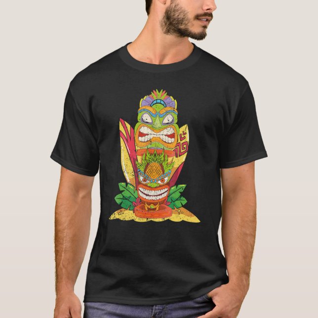 Camiseta Tiki Mask Havaiana Estátua Surfboard Polynésia Lua (Frente)