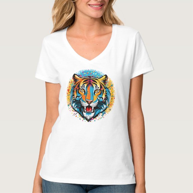 Camiseta Tinta de cores Arco-íris Cabeça de Tigre (Frente)