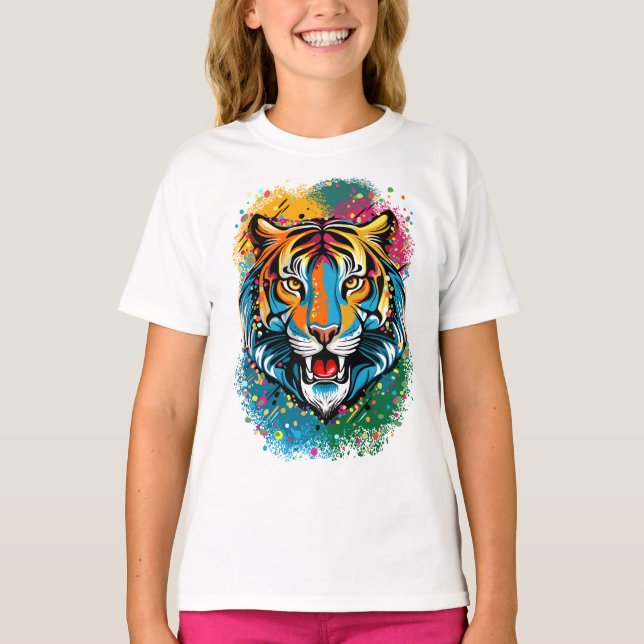 Camiseta Tinta de cores Arco-íris Cabeça de Tigre (Frente)