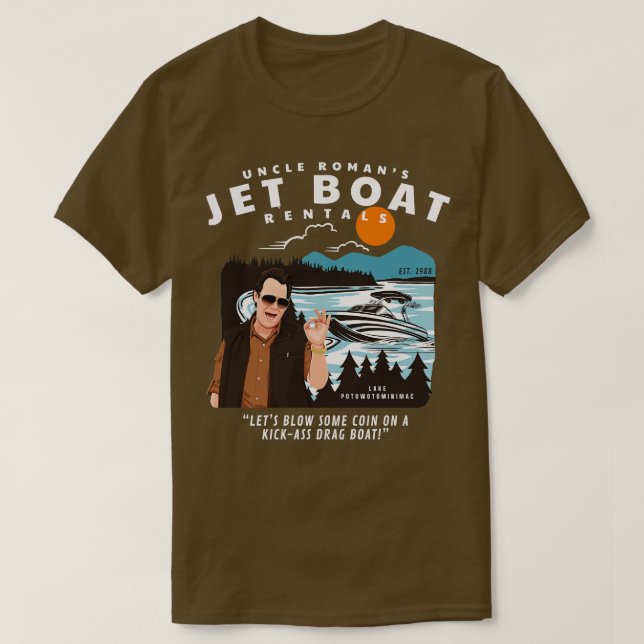 Camiseta Tio Romans Jet Boat Rentals Est 1988 1 (Frente do Design)