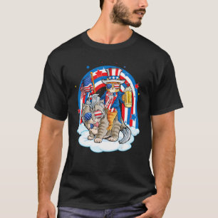 Camiseta Tio Sam Gato Com Caticórnio Bandeira Dos EUA Feliz