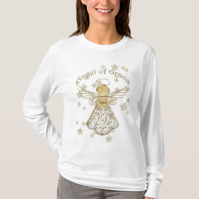 Camiseta Típica Anjo Dourado de Natal de Grace e Estrelas (Frente)