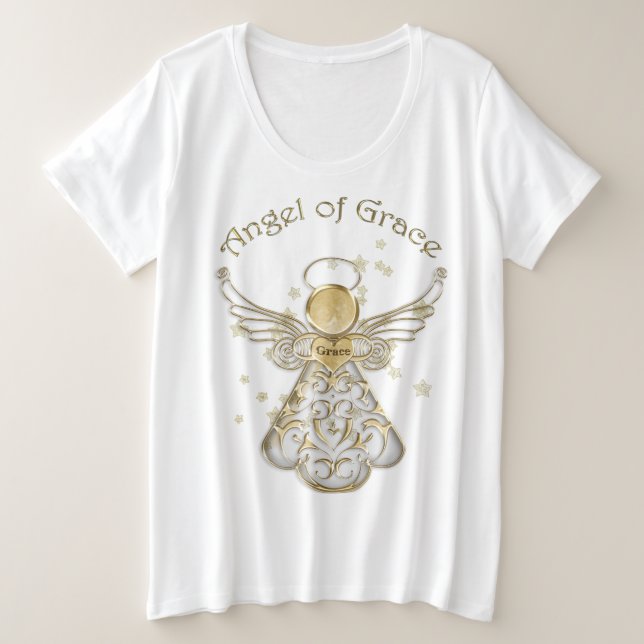 Camiseta Típica Anjo Dourado de Natal de Grace e Estrelas (Frente do Design)