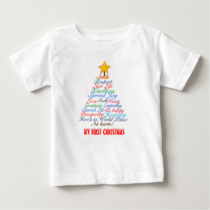 Camiseta Tipografia de Árvore de Natal Primeiro Natal do Be