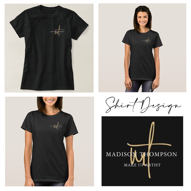 Camiseta Tipografia de Script Monogramas Nome Dourado Preto (Criador carregado)