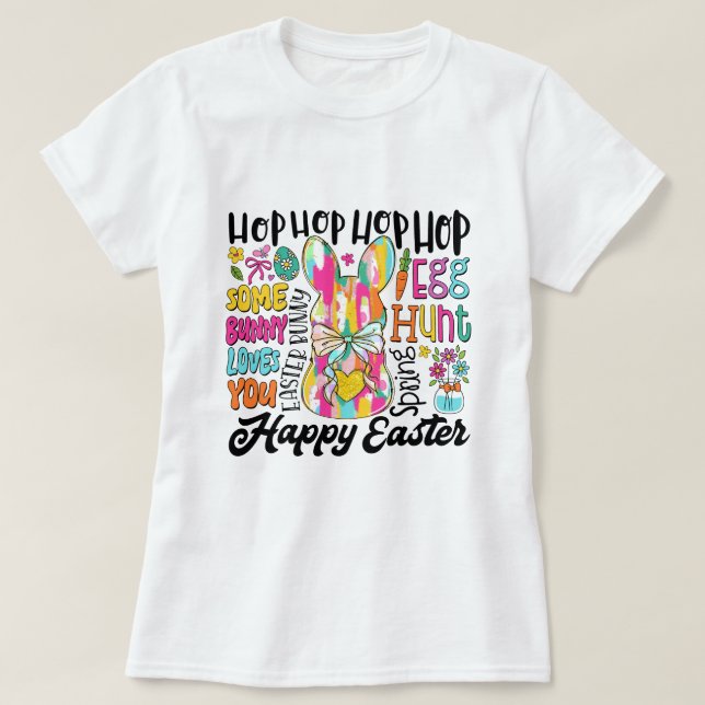 Camiseta Tipografia do Bunny da Páscoa das Mulheres (Frente do Design)