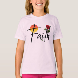 Camiseta Tipografia Faith Preta Com Rosa