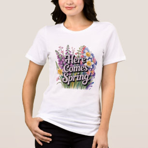 Camiseta Tipografia Floral Botânica "Aqui Vem a Primavera"
