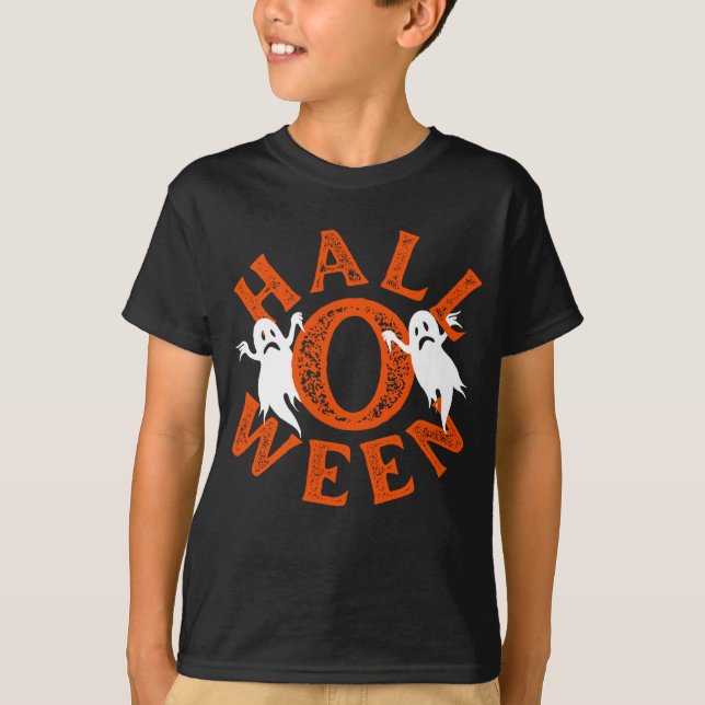 Camiseta Tipografia Laranja de Halloween Fantasmas (Frente)