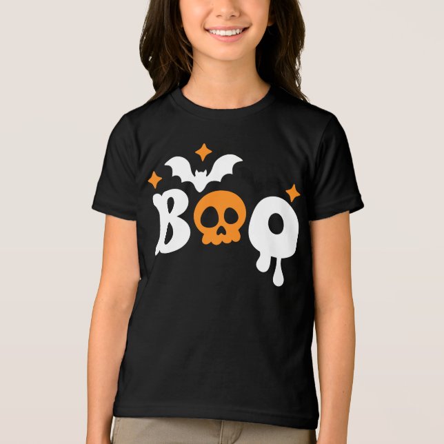 Camiseta Tipografia moderna do Halloween Boo Skull Bats (Frente)