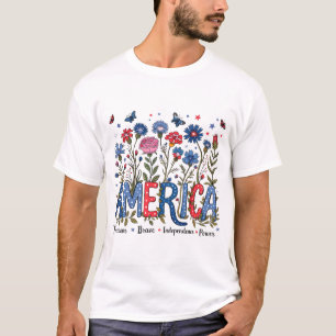 Camiseta Tipografia Patriótica na América Floral 4 de julho