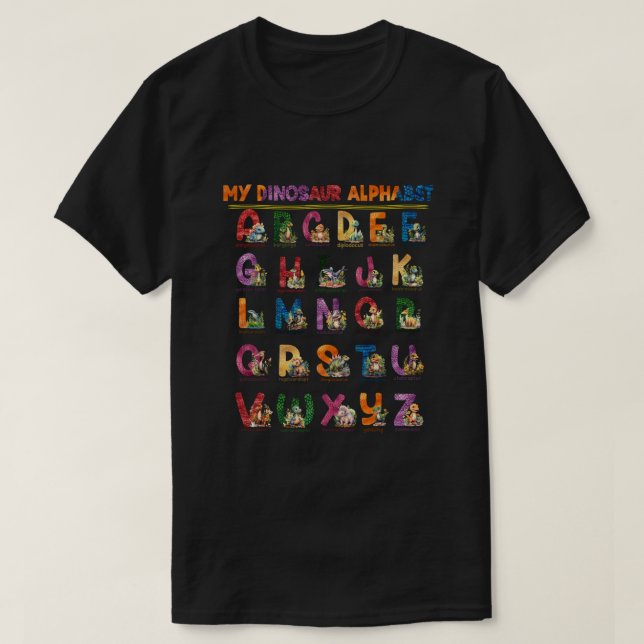 Camiseta Tipos de Dinossauros Alfabeto A-Z ABC Dino (Frente do Design)