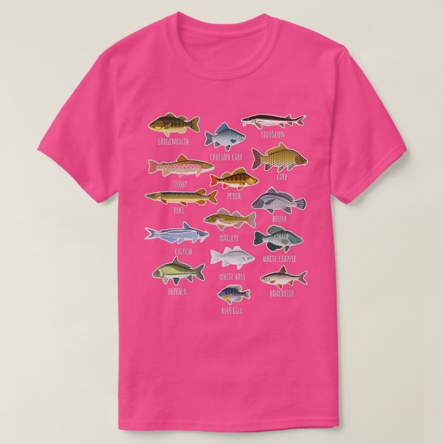 Camiseta Tipos De Espécies De Peixes Águas frescas (Frente do Design)