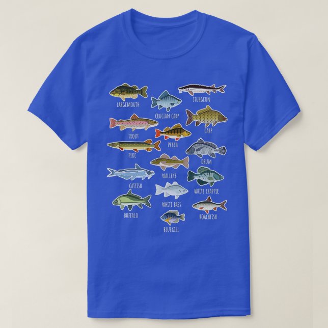 Camiseta Tipos De Espécies De Peixes Águas frescas (Frente do Design)