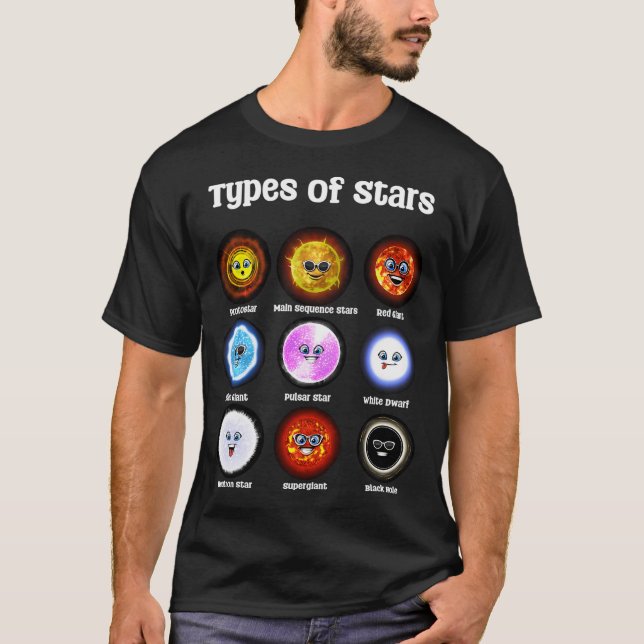 Camiseta Tipos de Estrelas da Astronomia (Frente)